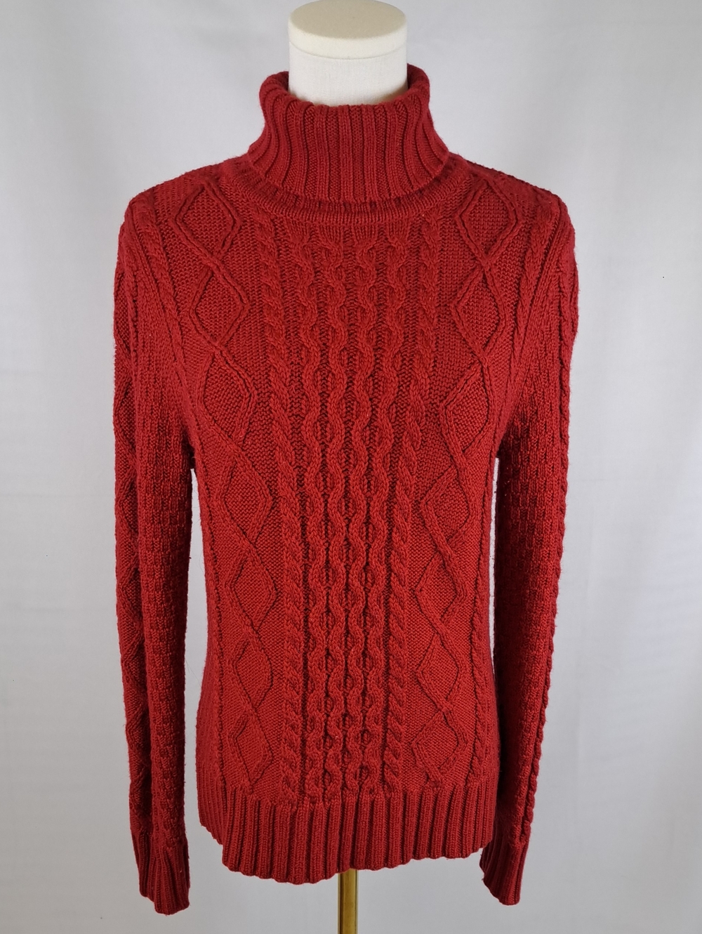 L.L. Bean Women's Red Wool Blend Chunky Cable Knit Turtleneck Heritage Sweater L